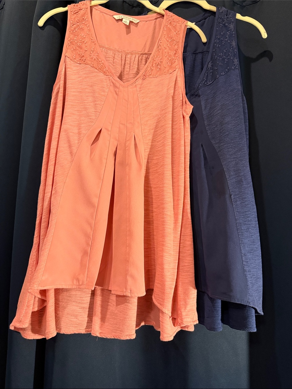 2 High Low Tunics Pleated Tops -Coral and Navy Blue